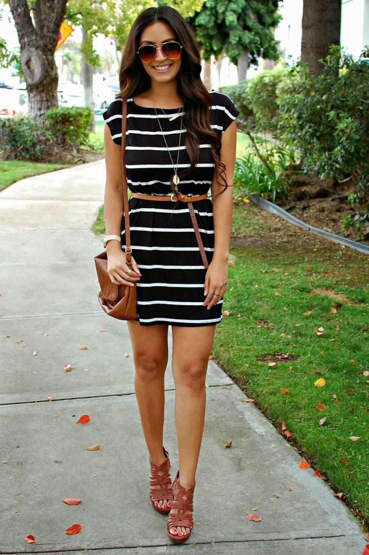 black-and-white-dress-and-tan-accessories