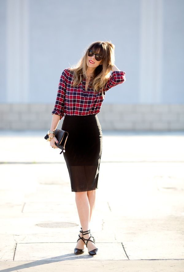 plaid-shirt-and-pencil-skirt