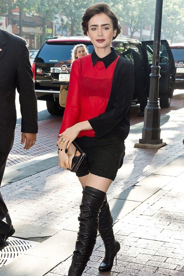 lily-collins-red-and-black-outfit