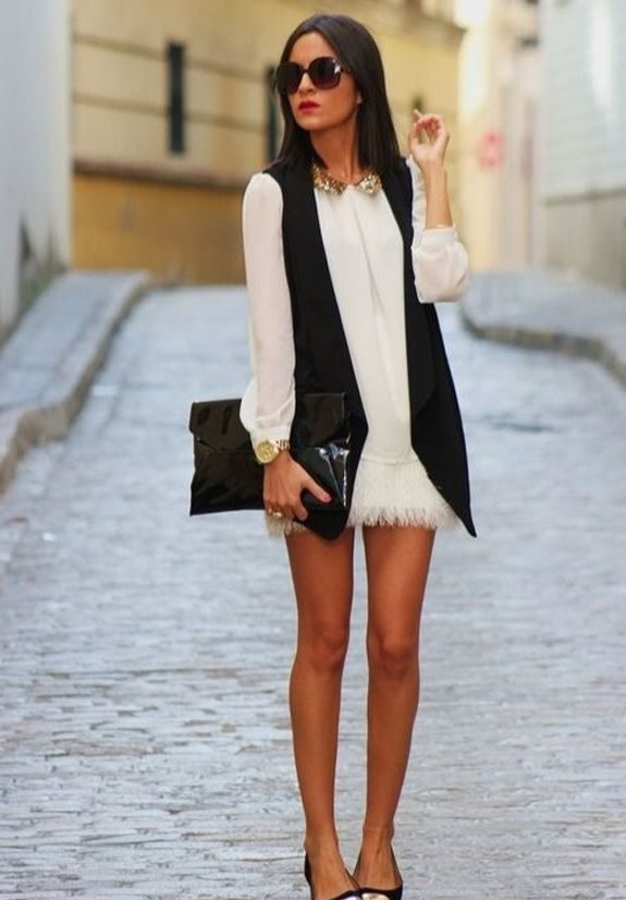 chic-black-vest-and-white-dress