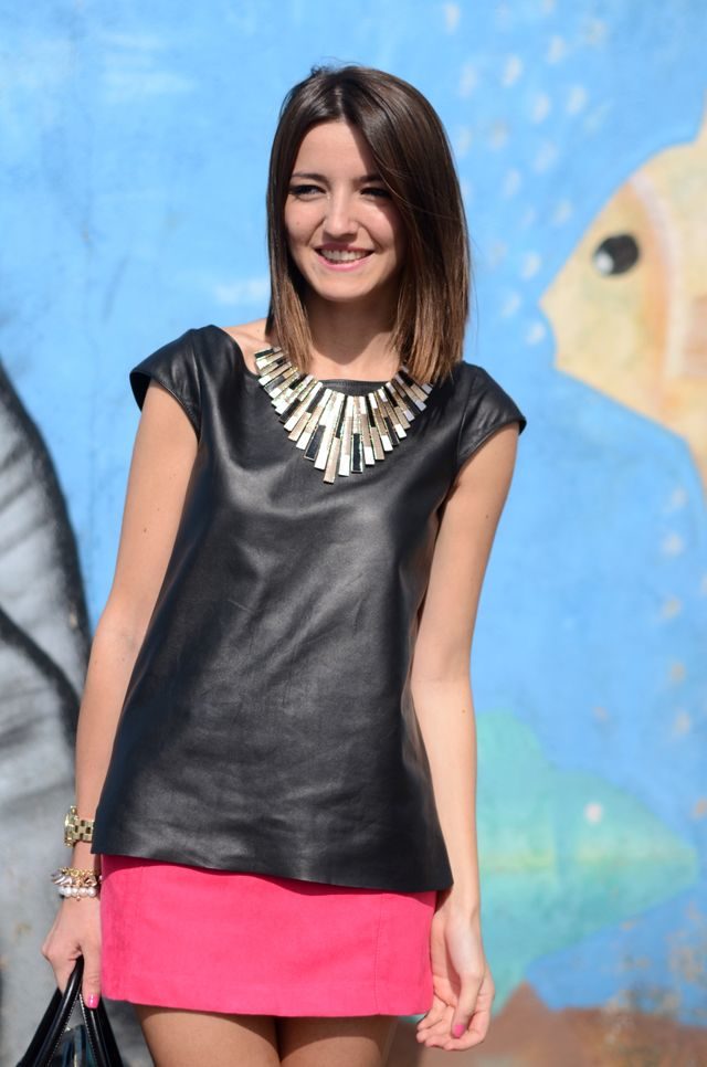 hot-pink-skirt-and-black-leather-top