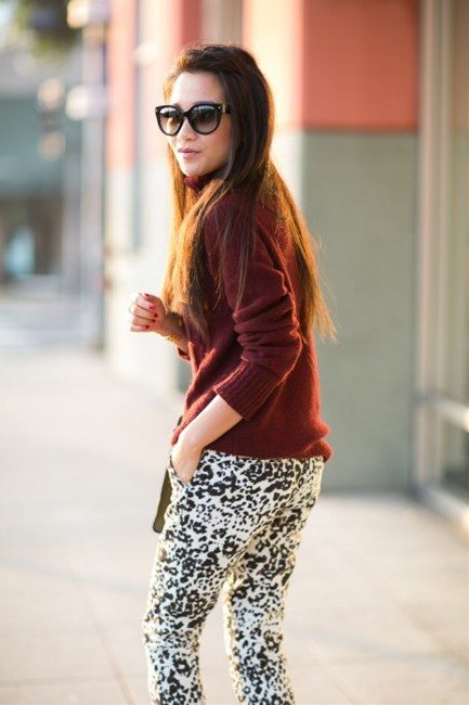 knit-maroon-sweater-and-animal-print-pants
