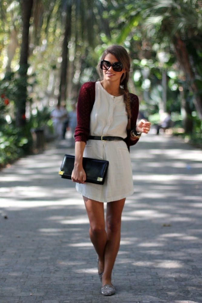 maroon-cardigan-and-white-dress